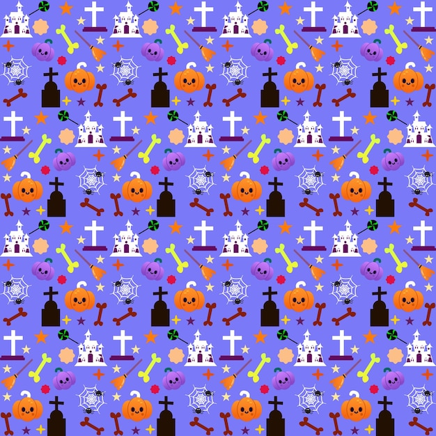 Halloween  festive seamless pattern. Endless background with pumpkins, skulls, bats, spiders,