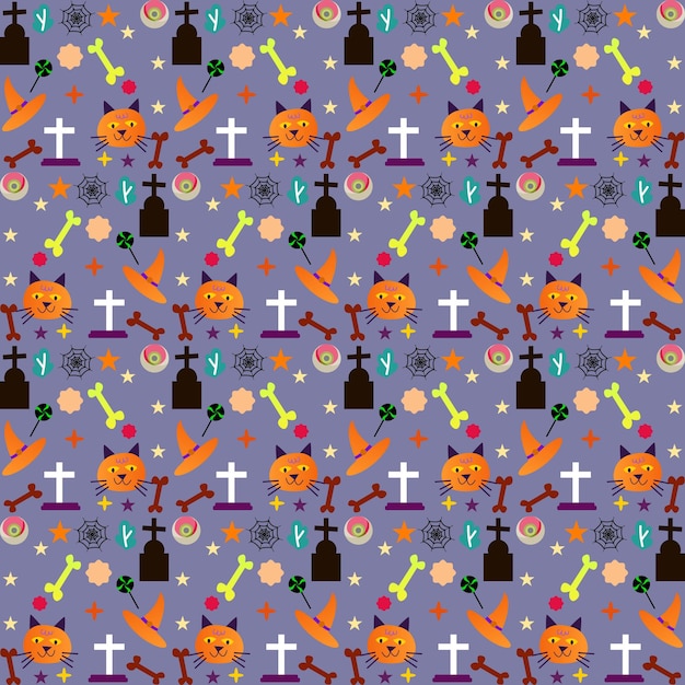 Halloween  festive seamless pattern. Endless background with pumpkins, skulls, bats, spiders,