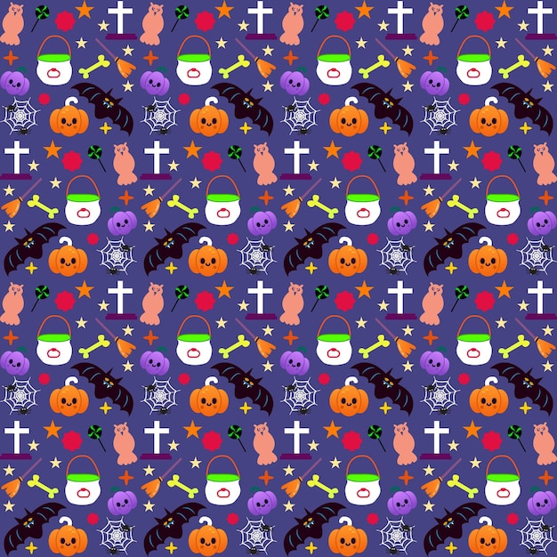 Halloween  festive seamless pattern. Endless background with pumpkins, skulls, bats, spiders,