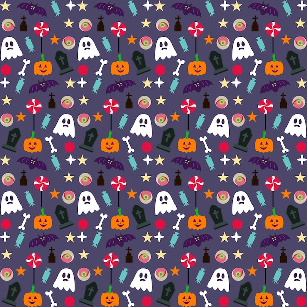 Halloween  festive seamless pattern. Endless background with pumpkins, skulls, bats, spiders,