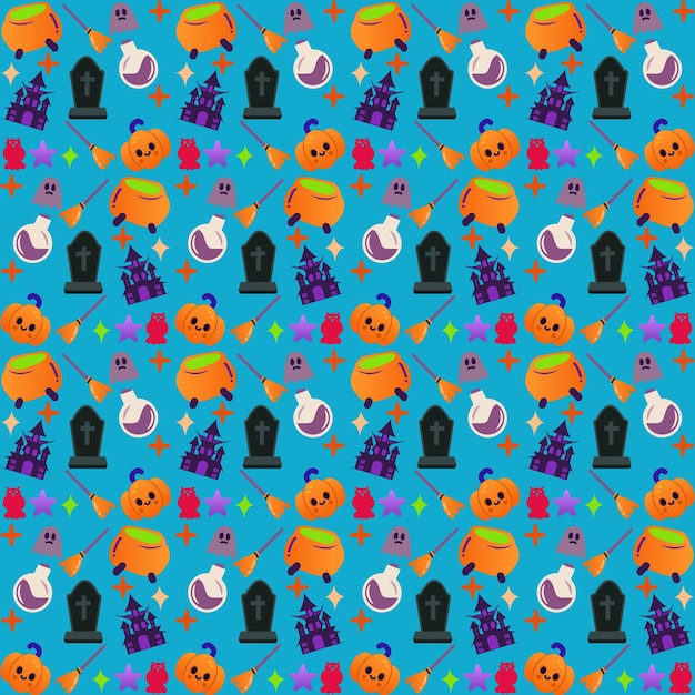 Halloween  festive seamless pattern. Endless background with pumpkins, skulls, bats, spiders,