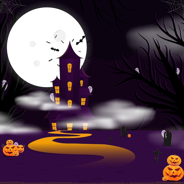 Halloween Flat Background Design With Haunted House