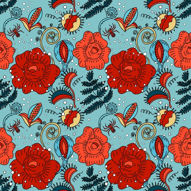 Halloween floral seamless pattern in doodle style