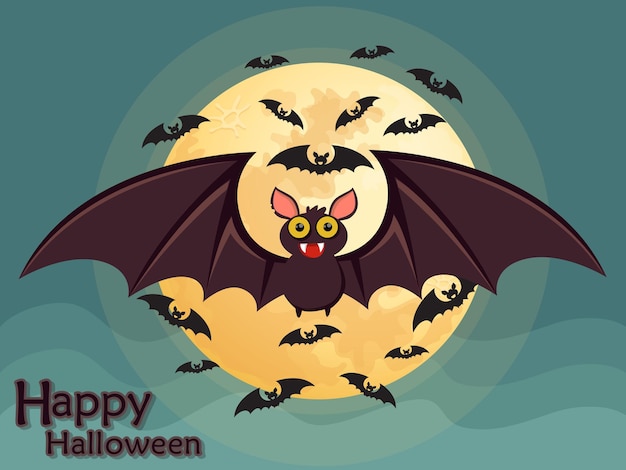 Halloween flying bat on moon background.Vector illustration.