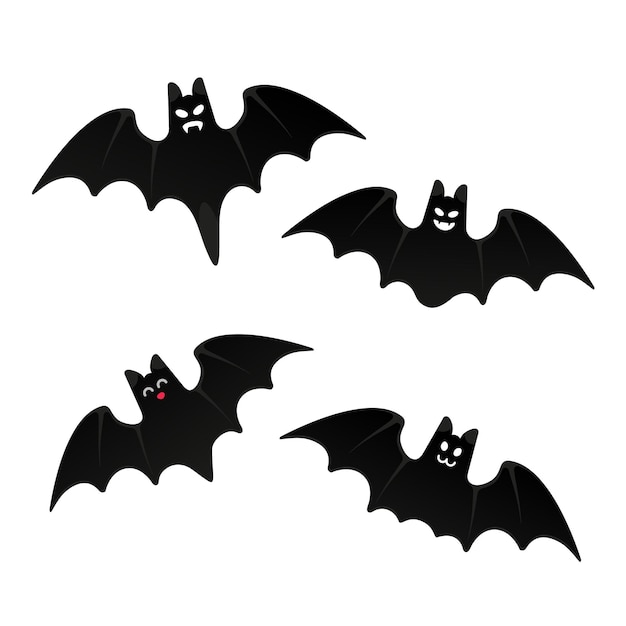 Halloween flying bats set  with scary face flat style design vector illustration