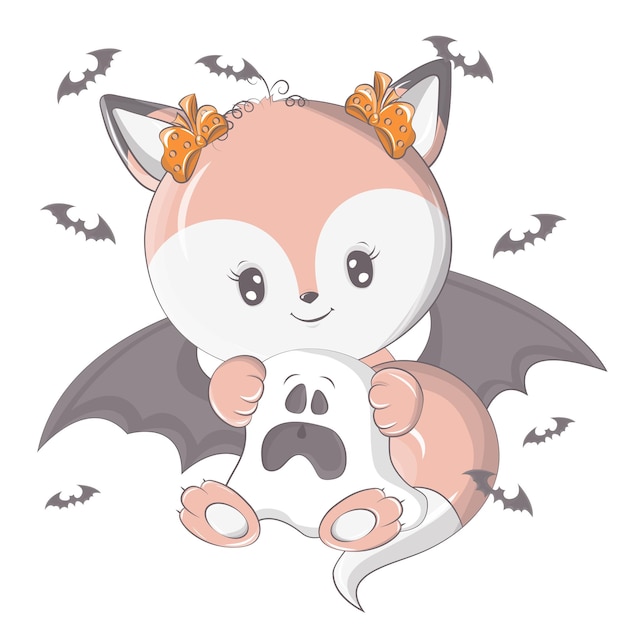 Halloween fox with a ghost. Vector illustration of Halloween animal.