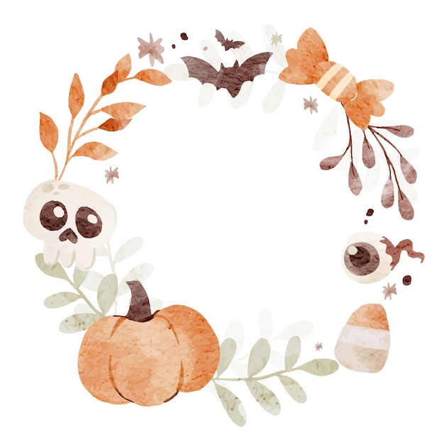 Halloween Frames with Pumpkin and Leaves Hand drawn in Watercolor Style