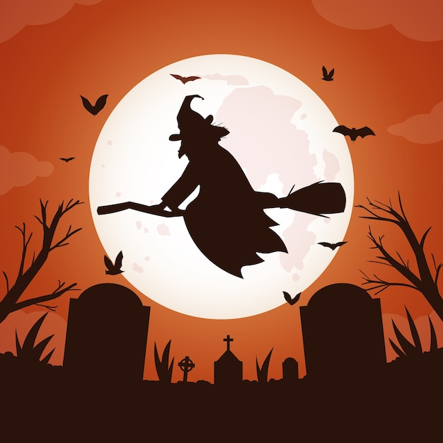 Halloween full moon background with witch flying over graveyard