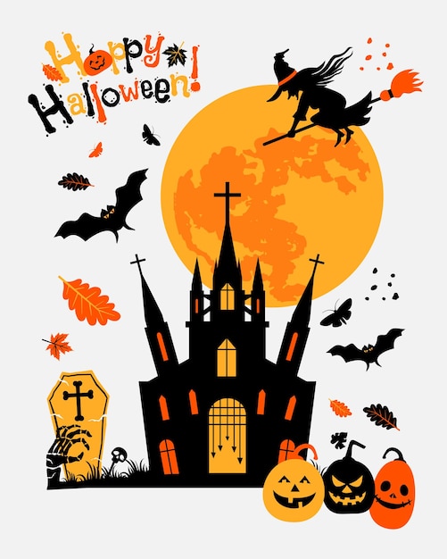 Halloween fullmoon banner witch pumpkins and bats vector flat illustration