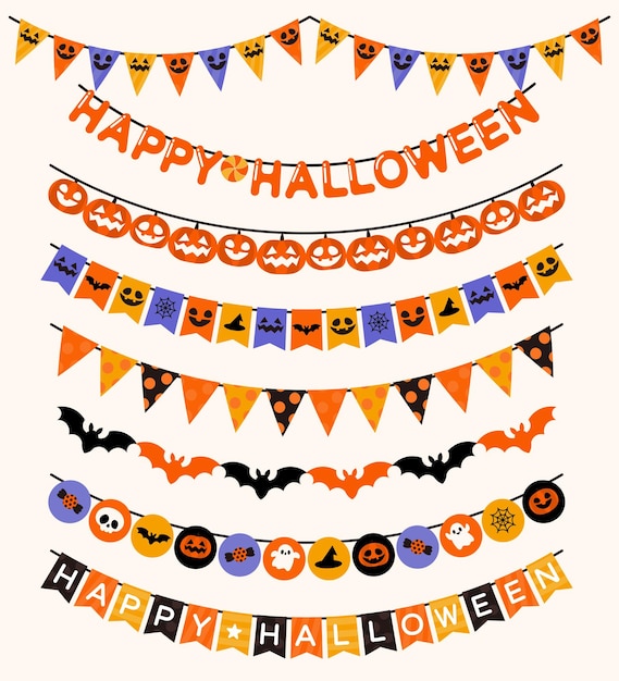 Halloween garland and decorations set in flat style isolated. Festive buntings with pumpkins.