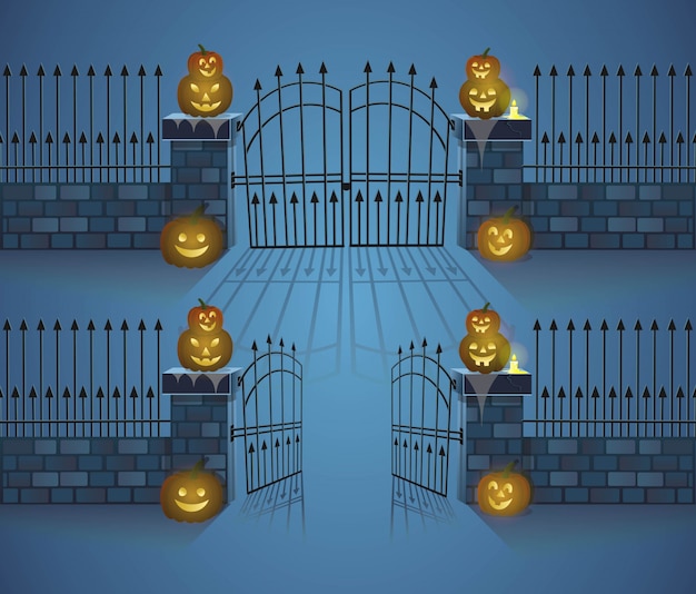 HALLOWEEN gates. Open and closed gates with pumpkins. Cartoon style vector illustration.