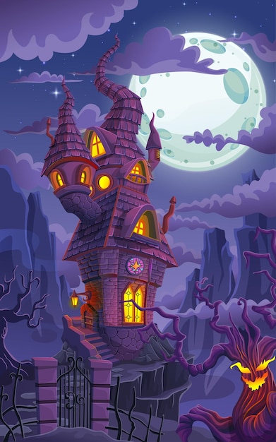 Halloween ghost tree and dark witch's house on blue moon and mountains background, vector illustrati