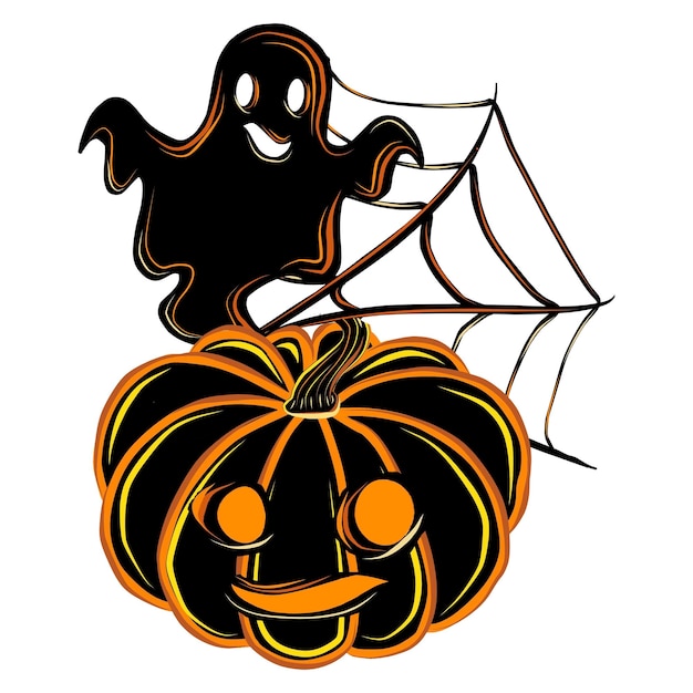 Halloween ghost with cobweb and pumpkin black