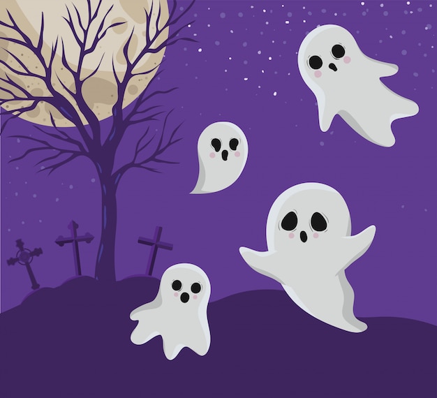 Halloween ghosts cartoons in front of cemetery design, Holiday and scary theme