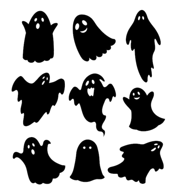 Halloween ghosts hand drawn cartoon set Ghosts silhouettes flying on white background