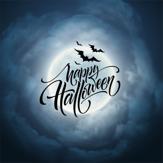 Halloween glowing night background with the moon, bats. Calligraphy, Lettering.