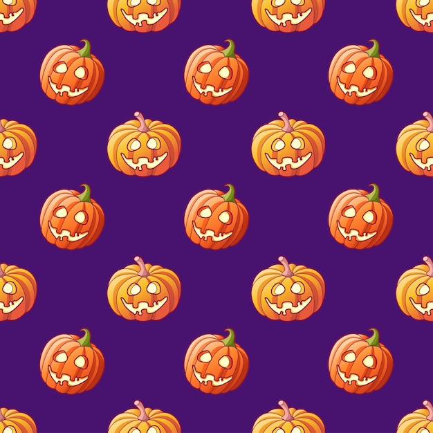 Vector halloween glowing pumpkins seamless pattern on violet background cartoon halloween jack lantern