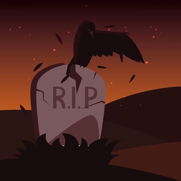 Halloween gravestone with crow animal