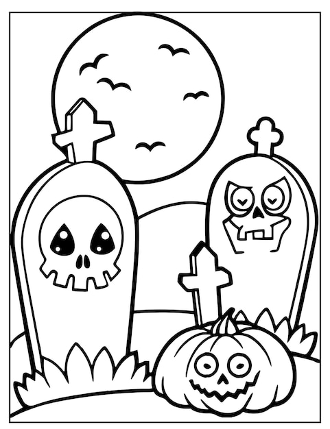 Vector halloween graveyard coloring page design halloween vector design halloween black and white design