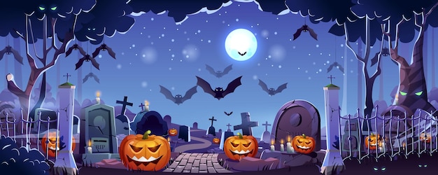 Halloween graveyard landing page Night cemetery with gravestones and crosses flying bats