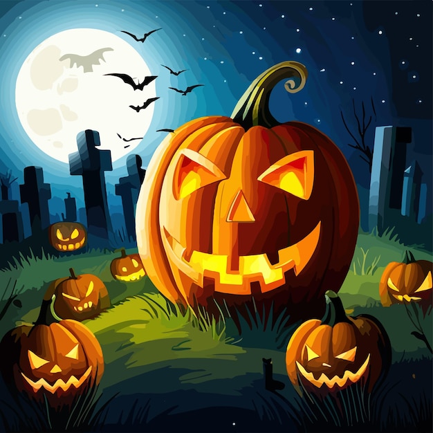 Halloween graveyard scene with pumpkins haunting nightmare halloween background cartoon horror