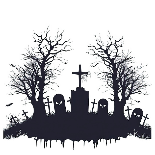 Halloween Graveyard Silhouette Vector Illustration White Background Halloween elements