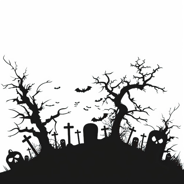 Halloween Graveyard Silhouette Vector Illustration White Background Halloween elements