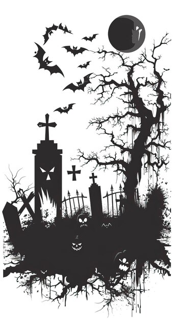 Vector halloween graveyard silhouette vector illustration white background halloween elements