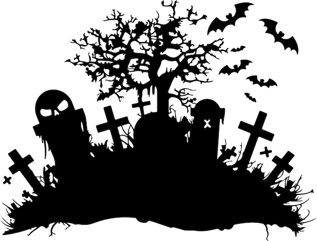 Halloween Graveyard Silhouette Vector Illustration White Background