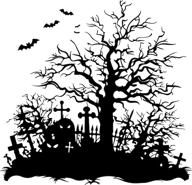 Halloween Graveyard Silhouette Vector Illustration White Background