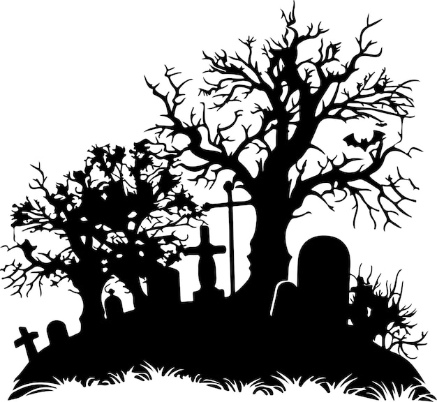 Halloween Graveyard Silhouette Vector Illustration White Background