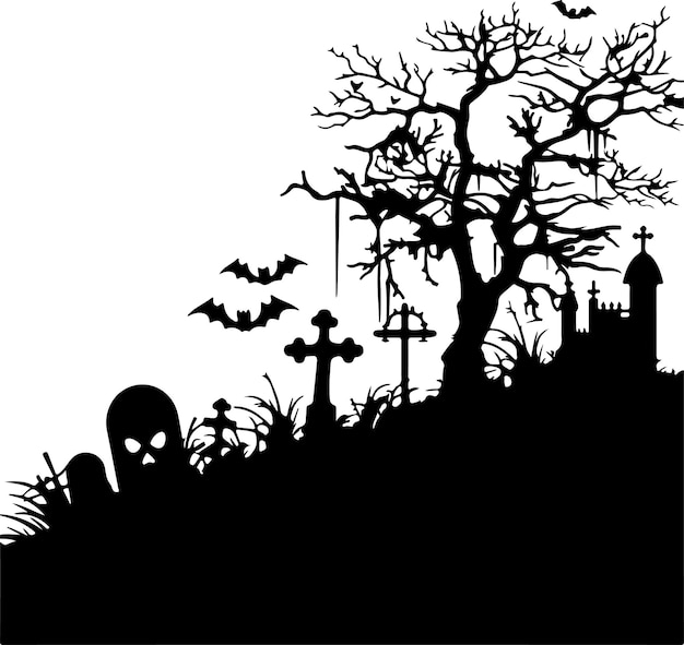 Vector halloween graveyard silhouette vector illustration white background