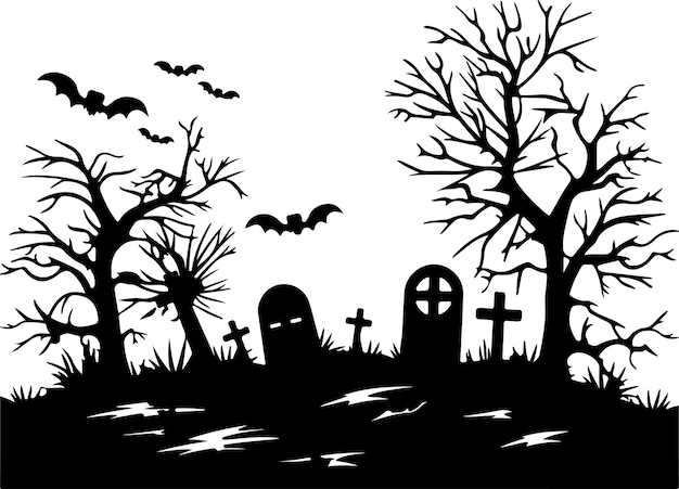 Halloween Graveyard Silhouette Vector Illustration White Background