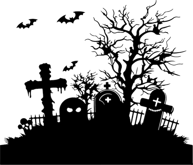 Halloween Graveyard Silhouette Vector Illustration White Background