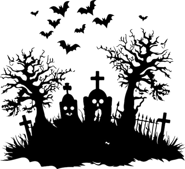 Halloween Graveyard Silhouette Vector Illustration White Background