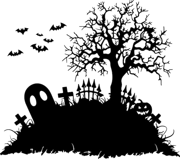 Halloween Graveyard Silhouette Vector Illustration White Background