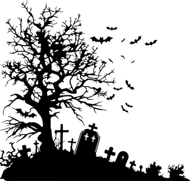 Halloween Graveyard Silhouette Vector Illustration White Background