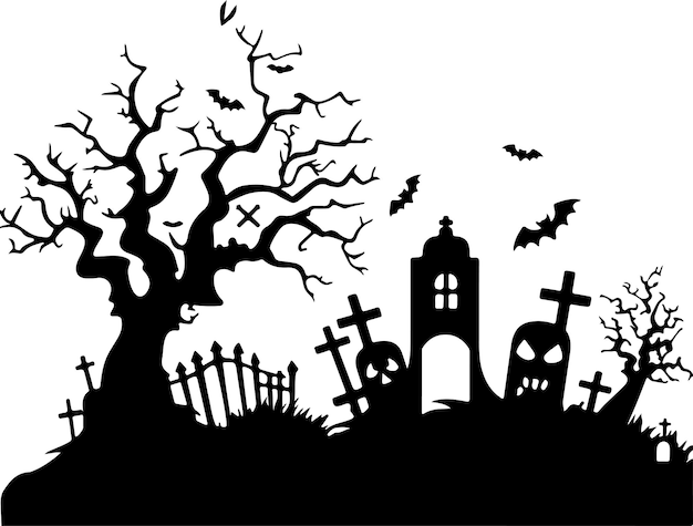 Halloween Graveyard Silhouette Vector Illustration White Background