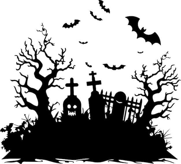 Vector halloween graveyard silhouette vector illustration white background