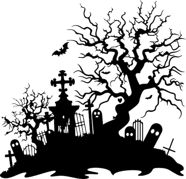 Halloween Graveyard Silhouette Vector Illustration White Background