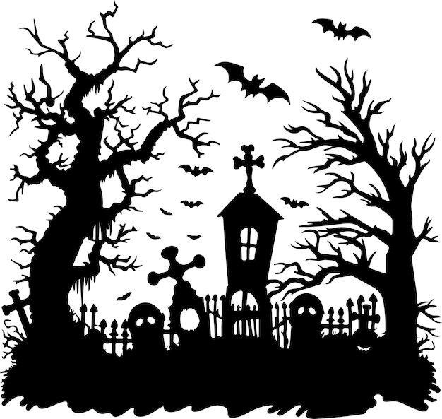 Halloween Graveyard Silhouette Vector Illustration White Background