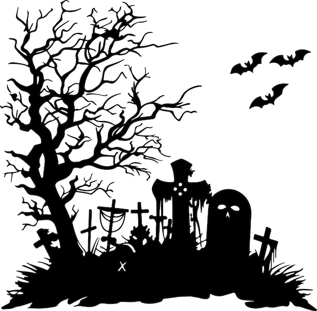 Halloween Graveyard Silhouette Vector Illustration White Background