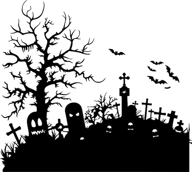 Vector halloween graveyard silhouette vector illustration white background