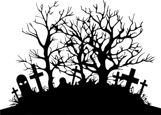 Halloween Graveyard Silhouette Vector Illustration White Background