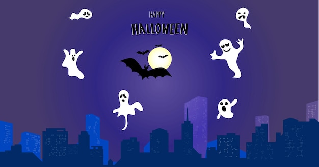 A Halloween greeting card Ghosts and bats fly over the night city Vector illustration