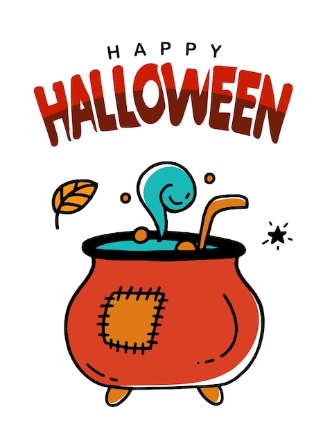 Halloween Greeting Card Poster Banner with Potion Cauldron Illustration of Doodle style Vector