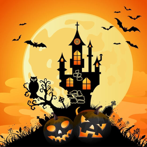 Halloween Greeting Card with Castle on Full Moon Background, vector illustration