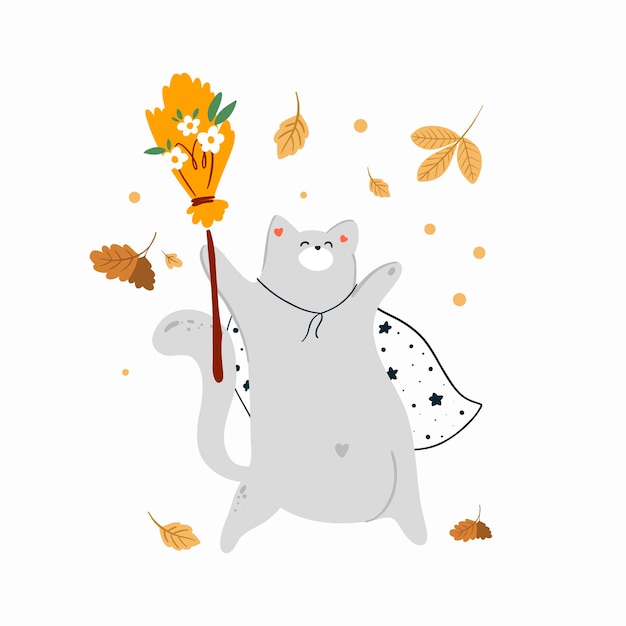 Halloween greeting card with a cute cat and a broom in a raincoat