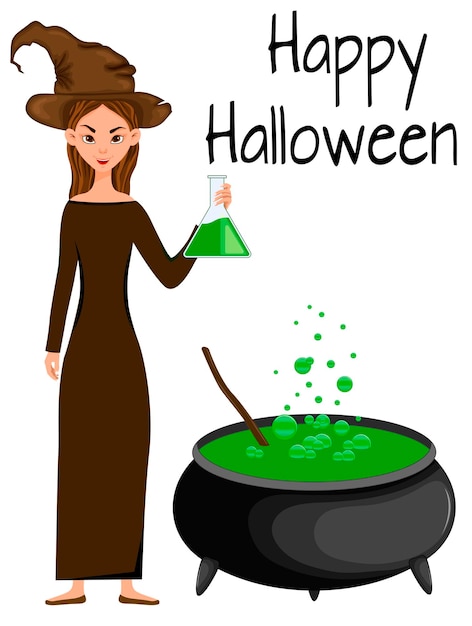 Halloween greeting card with witch. Cartoon style. Vector illustration.