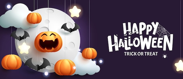 Halloween greeting vector background design Happy halloween text with hanging elements of pumpkins